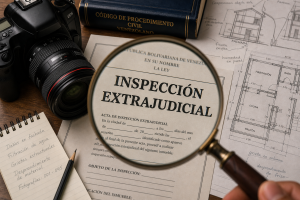 Primer plano de una lupa sobre un documento legal con el título "Inspección Extrajudicial", rodeado de una cámara profesional, planos arquitectónicos y una placa de la firma Abogados Tovar Medina, simbolizando el valor probatorio en el proceso civil venezolano.