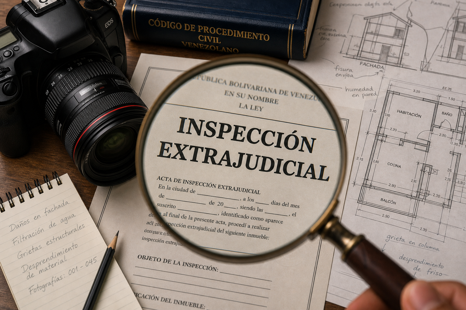 Primer plano de una lupa sobre un documento legal con el título "Inspección Extrajudicial", rodeado de una cámara profesional, planos arquitectónicos y una placa de la firma Abogados Tovar Medina, simbolizando el valor probatorio en el proceso civil venezolano.
